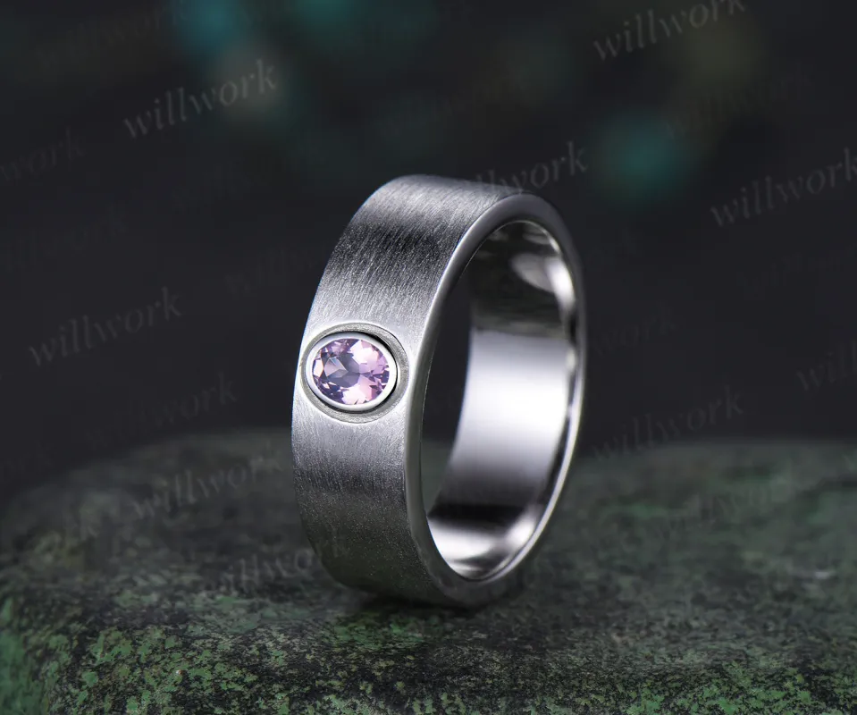 Brushed finish oval lavender amethyst men wedding band elegant solitaire ring solid 10k/14k/18k white gold engagement ring anniversary gift sold by Willwork Jewelry