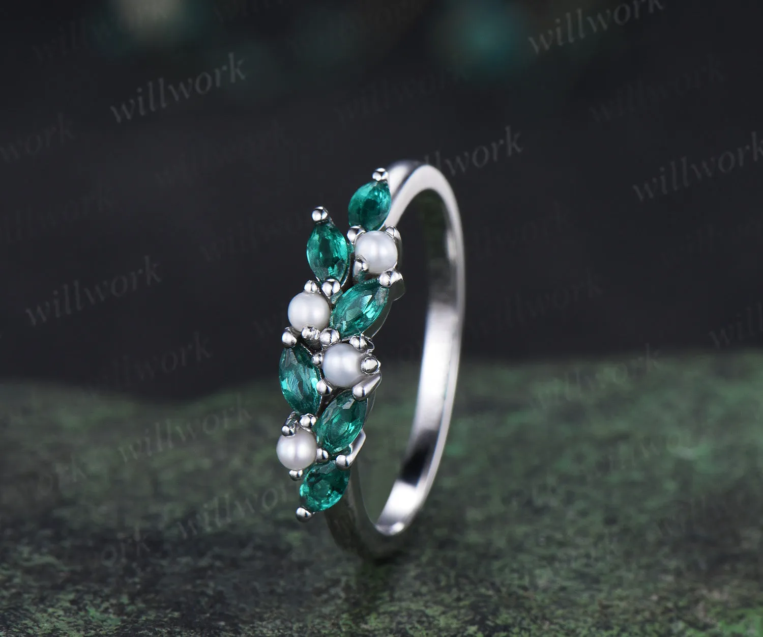 Vintage marquise emerald wedding band pearl cluster stackable ring unique matching band May birthstone ring sold by Willwork Jewelry product image thumbnail 2
