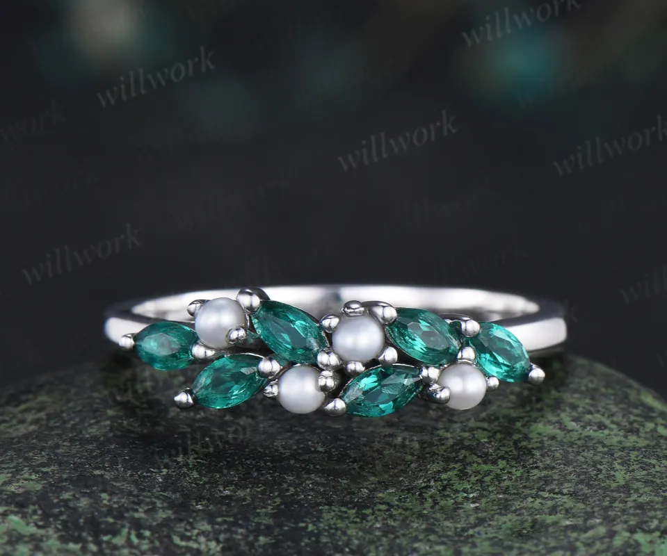 Vintage marquise emerald wedding band pearl cluster stackable ring unique matching band May birthstone ring made by Willwork Jewelry