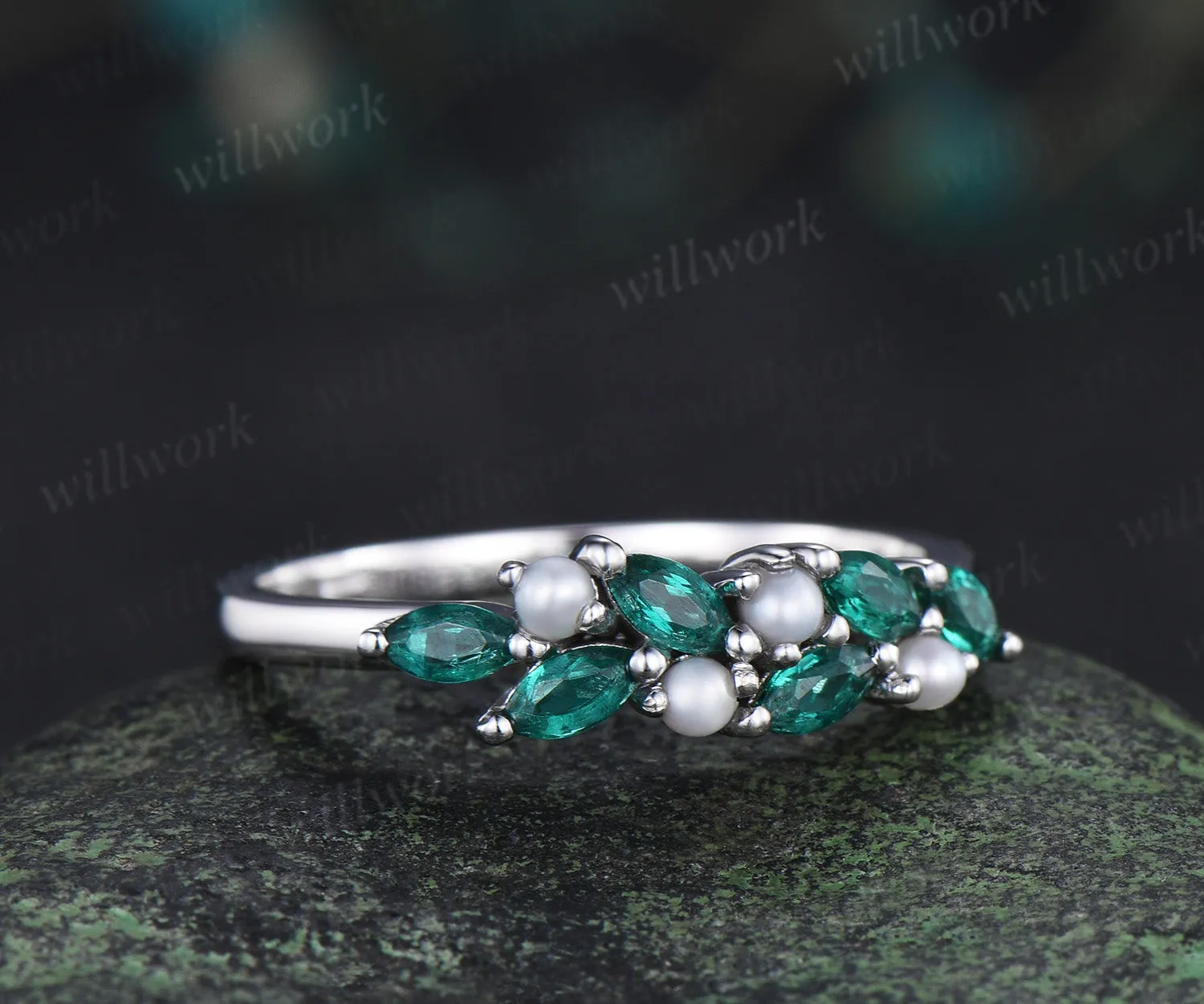 Vintage marquise emerald wedding band pearl cluster stackable ring unique matching band May birthstone ring sold by Willwork Jewelry product image thumbnail 3