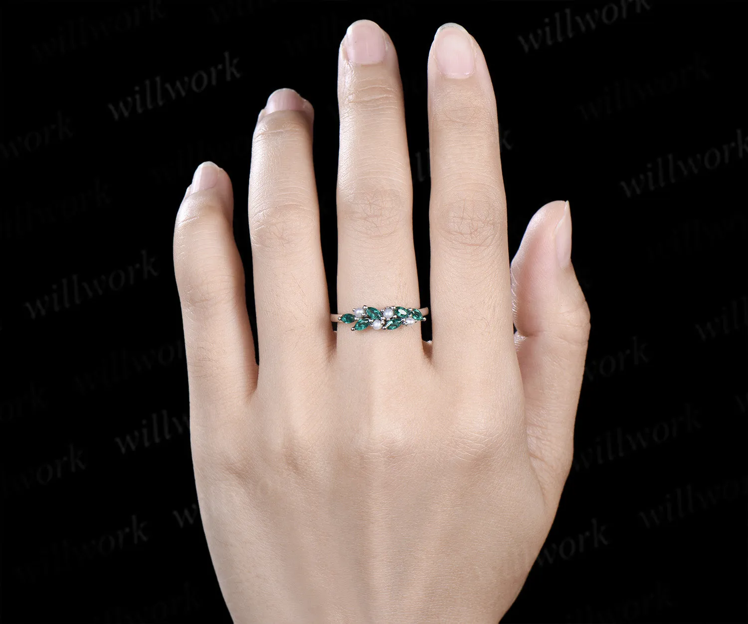 Vintage marquise emerald wedding band pearl cluster stackable ring unique matching band May birthstone ring sold by Willwork Jewelry product image thumbnail 4