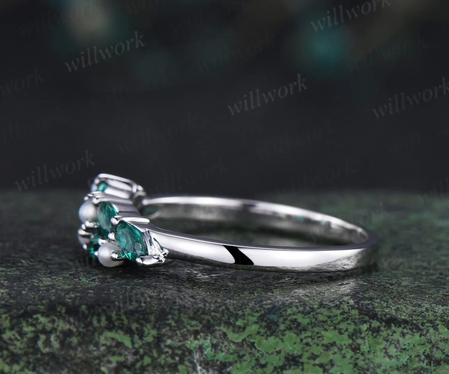 Vintage marquise emerald wedding band pearl cluster stackable ring unique matching band May birthstone ring sold by Willwork Jewelry product image thumbnail 5