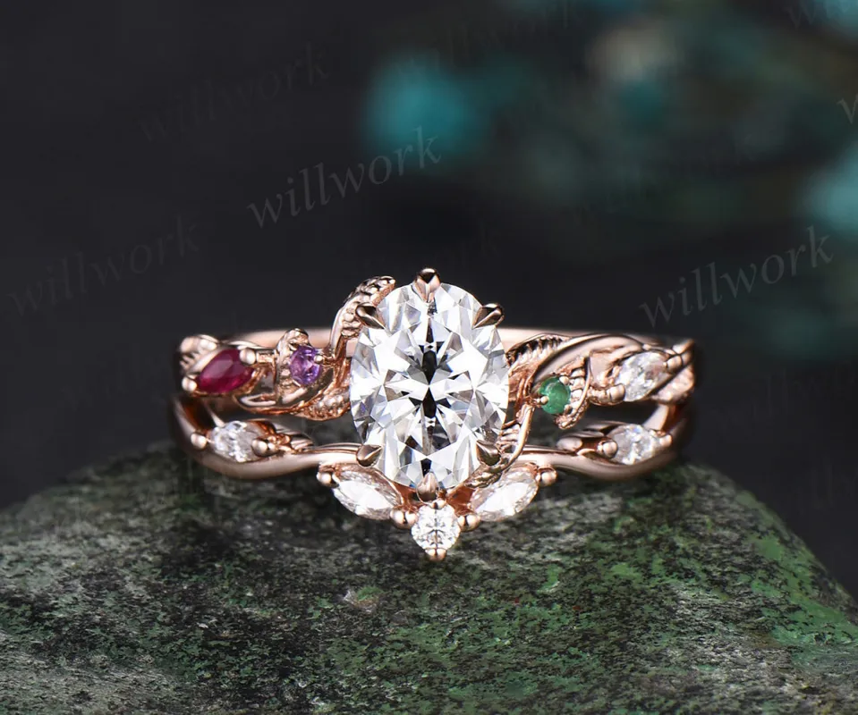 Oval moissanite engagement ring leaf twig ruby emerald accents ring moissnites wedding band nature-inspired bridal set jewelry gifts sold by Willwork Jewelry