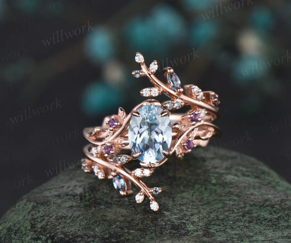 Vintage oval aquamarine engagement ring nature inspired leaf amethyst ring wedding band enhancer twisted bridal ring set women sold by Willwork Jewelry