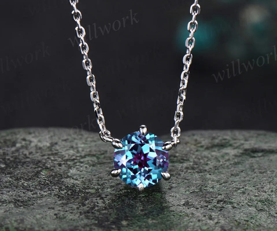 Dainty 6 prong round alexandrite necklace minimalist solitaire pendant June birthstone necklace gifts for women sold by Willwork Jewelry