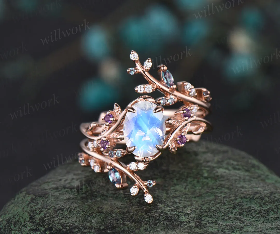 Vintage oval moonstone engagement ring nature inspired leaf amethyst ring wedding band enhancer twisted bridal ring set women sold by Willwork Jewelry