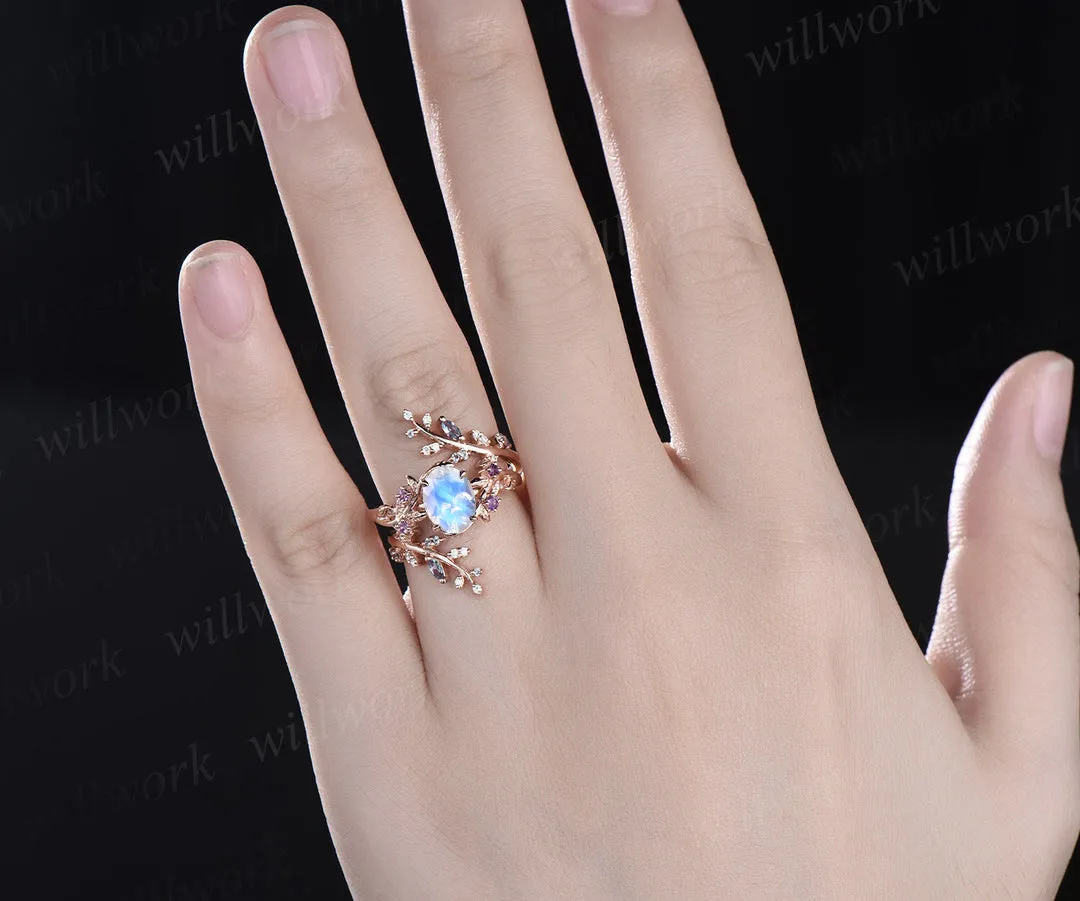 Vintage oval moonstone engagement ring nature inspired leaf amethyst ring wedding band enhancer twisted bridal ring set women sold by Willwork Jewelry product image thumbnail 5