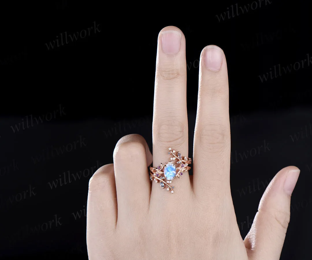 Vintage oval moonstone engagement ring nature inspired leaf amethyst ring wedding band enhancer twisted bridal ring set women sold by Willwork Jewelry product image thumbnail 2