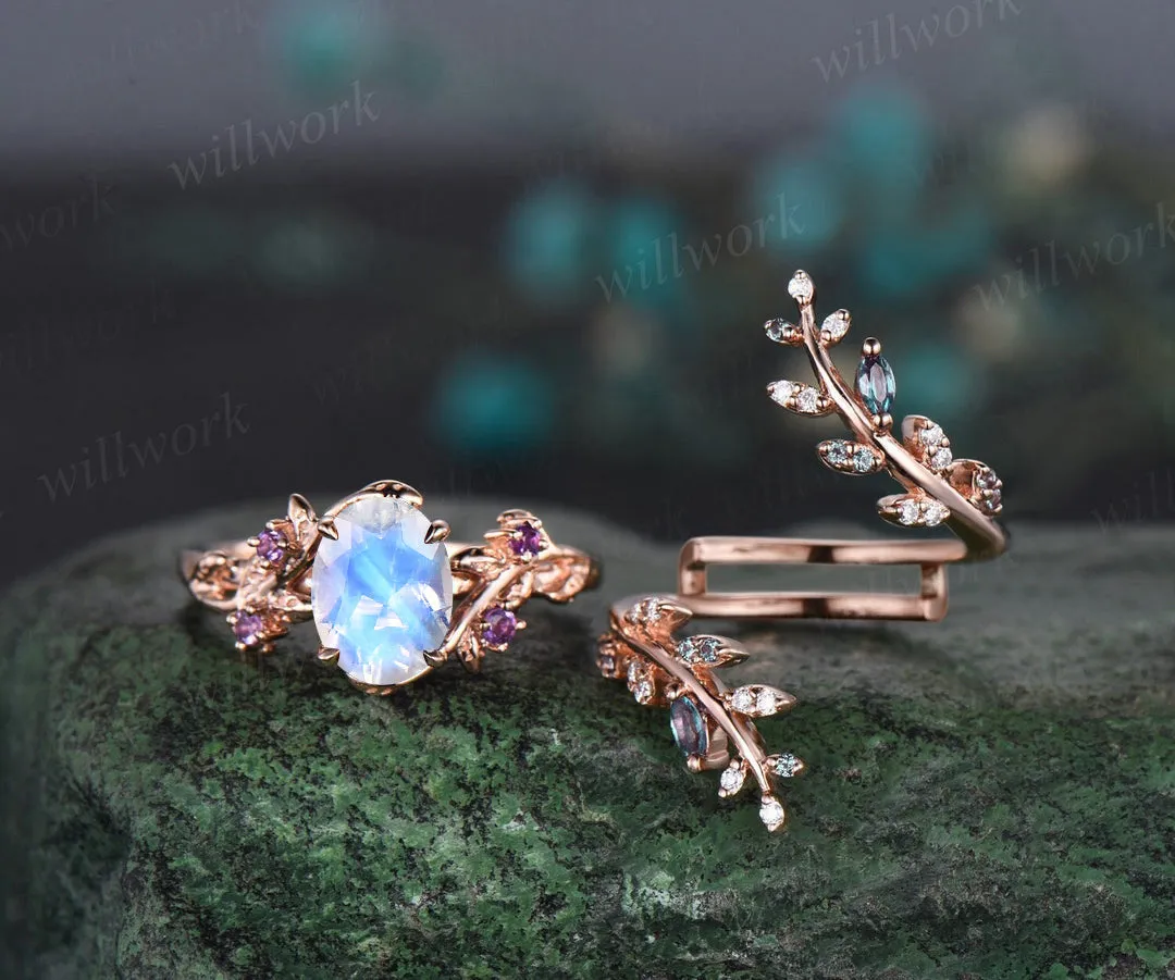 Vintage oval moonstone engagement ring nature inspired leaf amethyst ring wedding band enhancer twisted bridal ring set women sold by Willwork Jewelry product image thumbnail 3