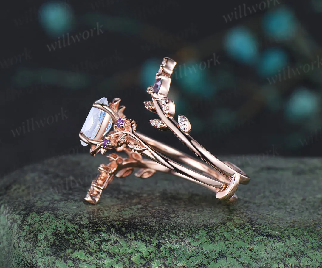 Vintage oval moonstone engagement ring nature inspired leaf amethyst ring wedding band enhancer twisted bridal ring set women sold by Willwork Jewelry product image thumbnail 4
