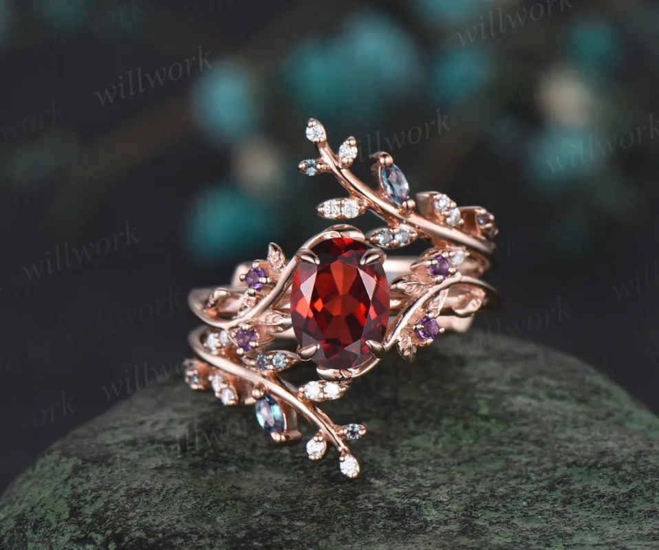 Vintage oval garnet engagement ring nature inspired leaf amethyst ring wedding band enhancer twisted bridal ring set women made by Willwork Jewelry