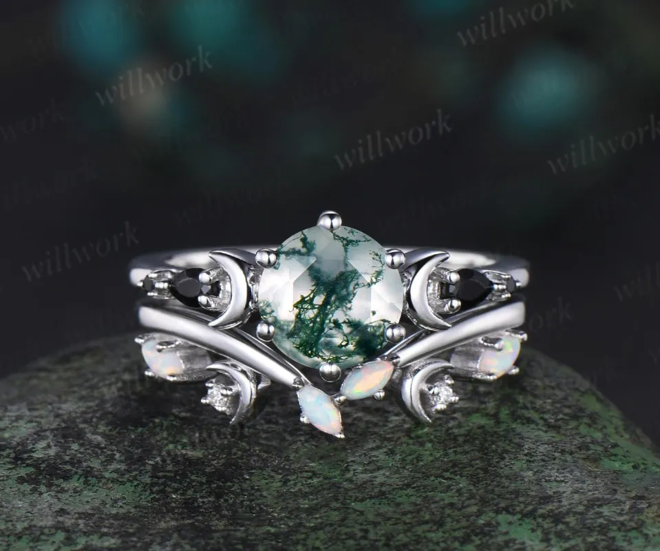 Round cut green moss agate moon engagement ring set white gold stacking five stone black spinel opal anniversary gift sold by Willwork Jewelry
