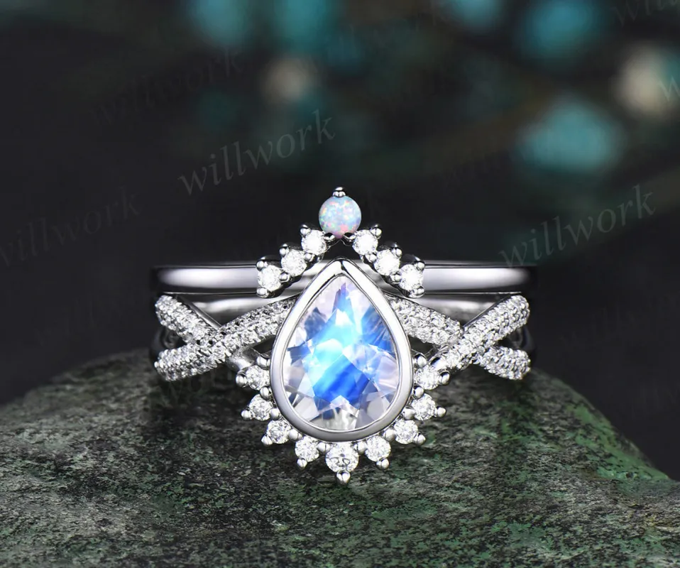 Pear moonstone bezel infinity ring set moonstone diamond engagement ring curved V opal wedding band vintage bridal set made by Willwork Jewelry