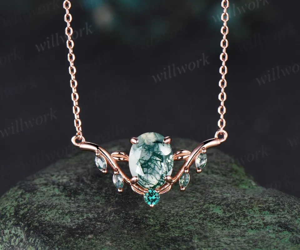 2ct oval cut natural moss agate necklace solid 14k rose gold leaf nature inspired emerald pendant women gift mother sold by Willwork Jewelry