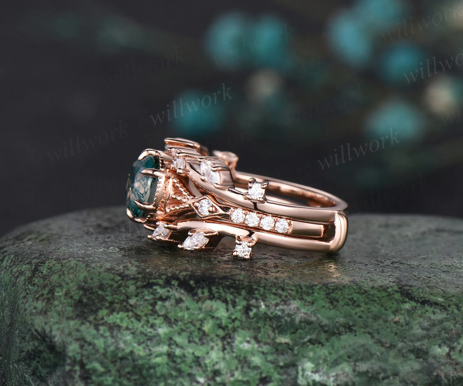 Round moss agate ring set unique milgrain moss agate engagement ring twig leaf marquise moissanite band enhancer nature-inspired bridal set sold by Willwork Jewelry product image thumbnail 5