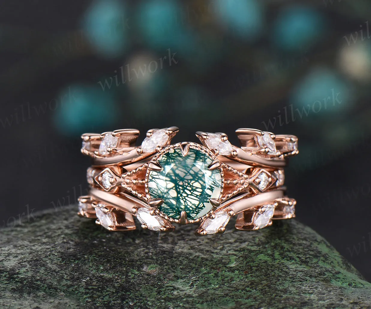 Round moss agate ring set unique milgrain moss agate engagement ring twig leaf marquise moissanite band enhancer nature-inspired bridal set sold by Willwork Jewelry