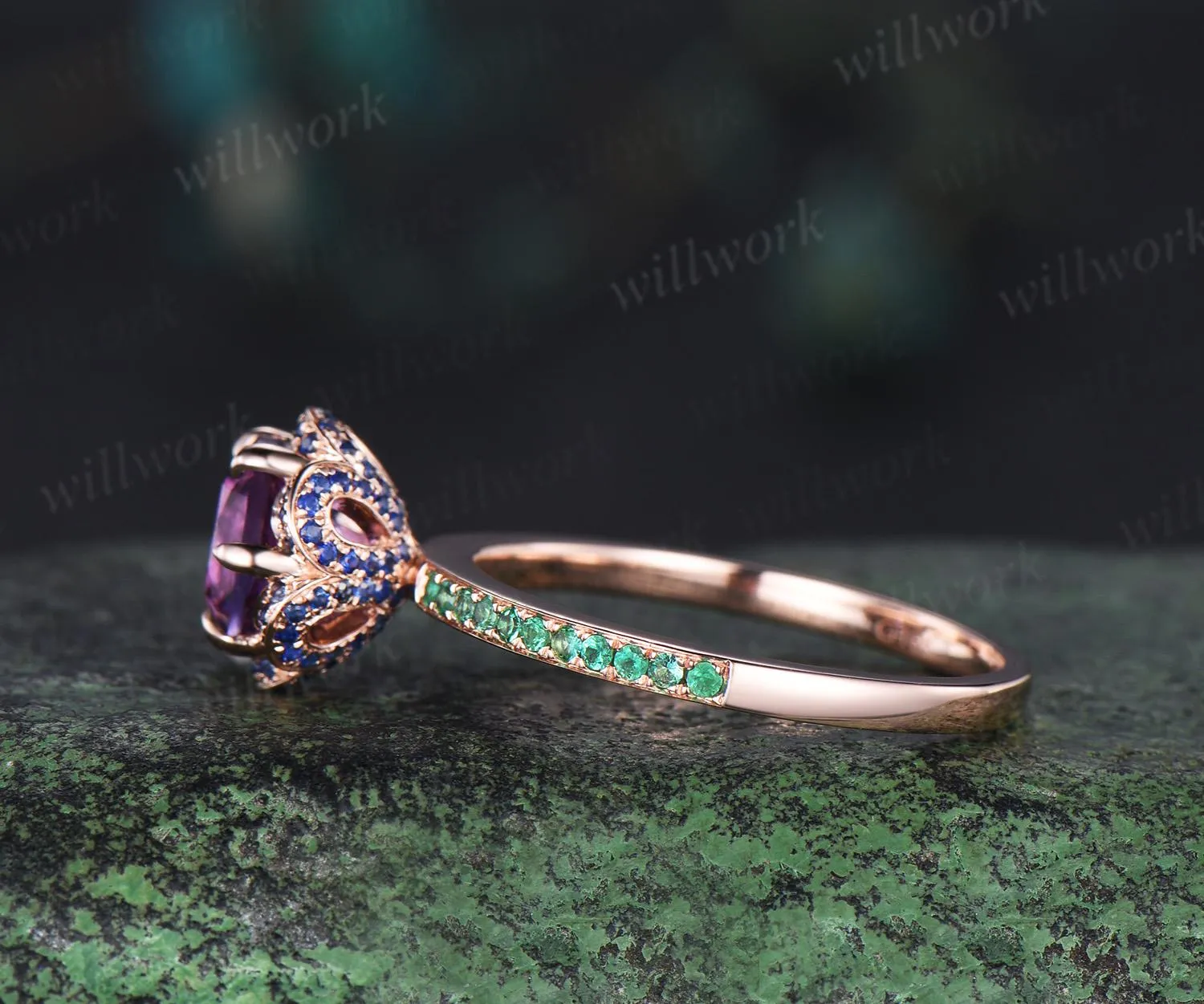 Floral round cut amethyst engagement ring hidden halo natural sapphire ring vintage half eternity emerald wedding promise ring women jewelry sold by Willwork Jewelry product image thumbnail 3
