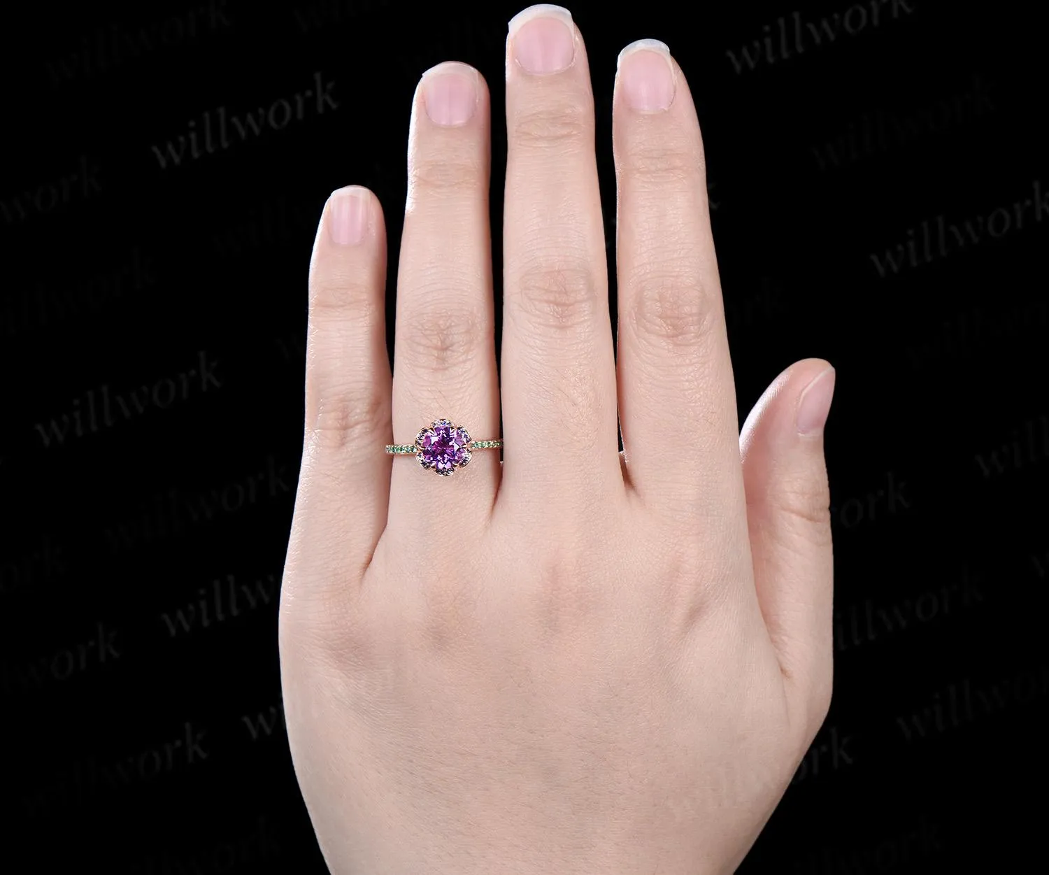 Floral round cut amethyst engagement ring hidden halo natural sapphire ring vintage half eternity emerald wedding promise ring women jewelry sold by Willwork Jewelry product image thumbnail 4