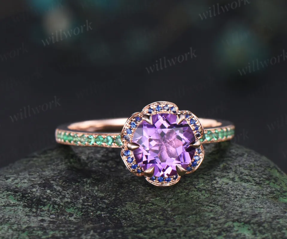 Floral round cut amethyst engagement ring hidden halo natural sapphire ring vintage half eternity emerald wedding promise ring women jewelry sold by Willwork Jewelry