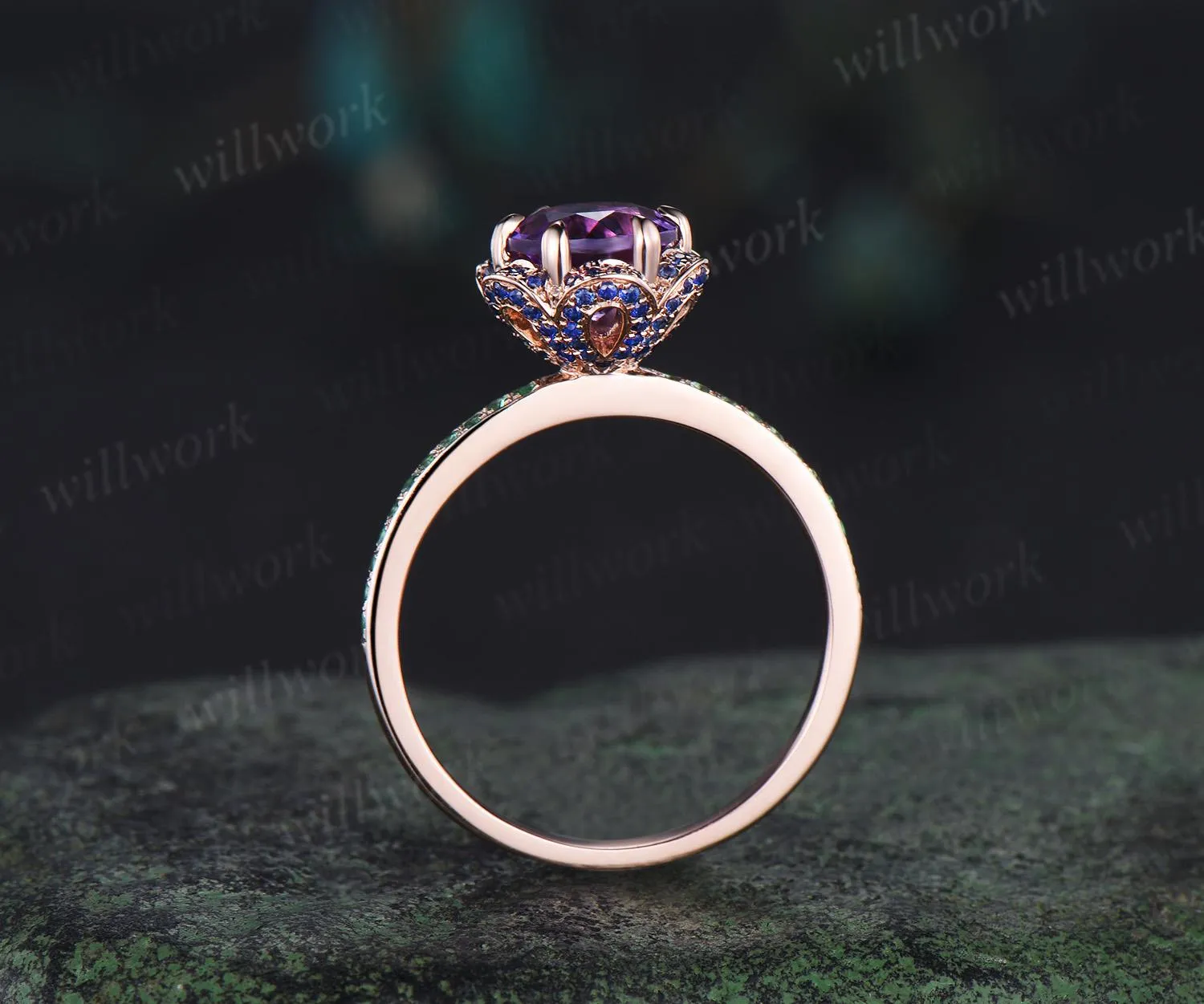 Floral round cut amethyst engagement ring hidden halo natural sapphire ring vintage half eternity emerald wedding promise ring women jewelry sold by Willwork Jewelry product image thumbnail 5