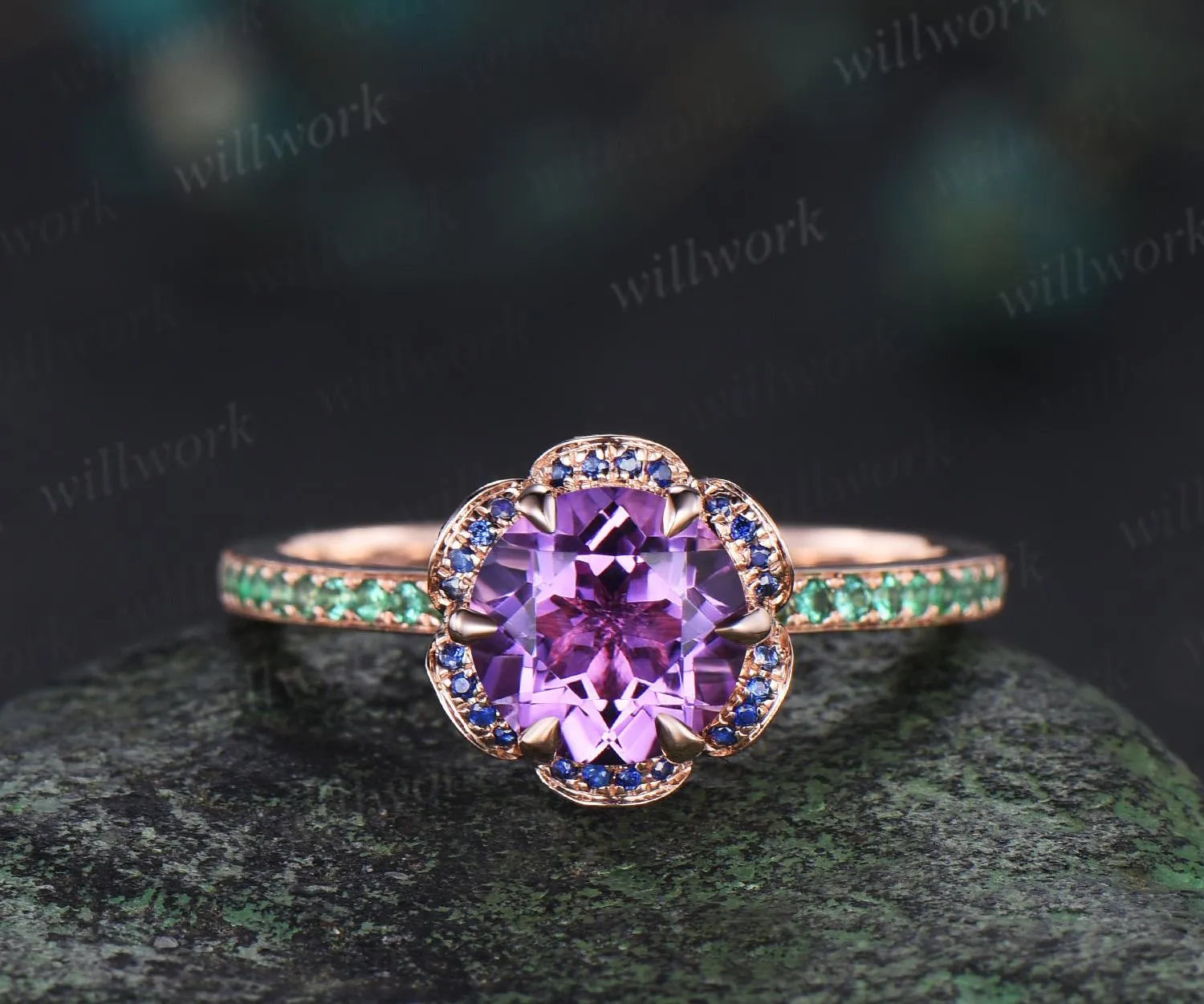 Floral round cut amethyst engagement ring hidden halo natural sapphire ring vintage half eternity emerald wedding promise ring women jewelry sold by Willwork Jewelry product image thumbnail 2