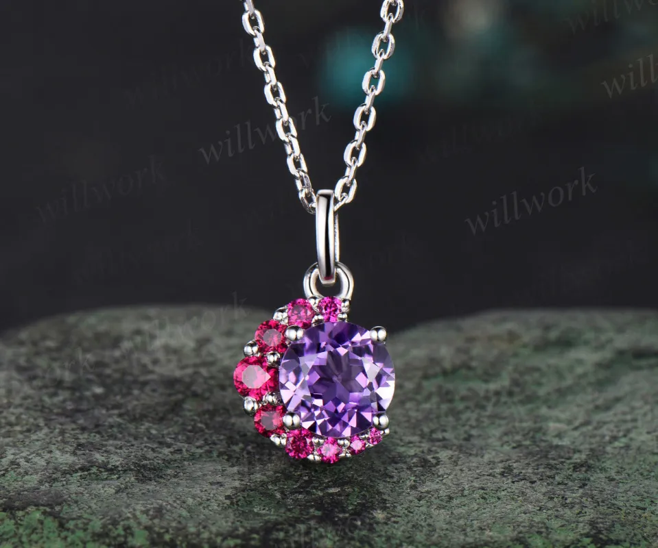 Dainty round cut natural amethyst necklace unique ruby moon pendant February birthstone gifts for women sold by Willwork Jewelry