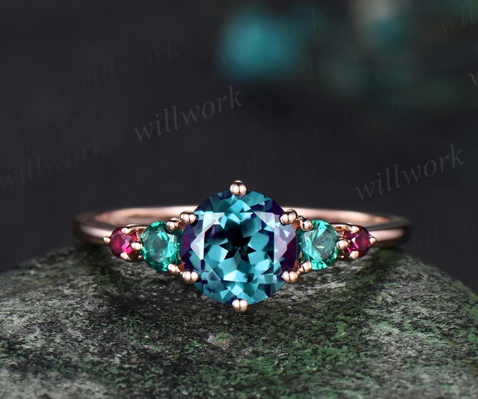 Alexandrite ring minimalist round Alexandrite engagement ring five stone emerald ruby ring birthstone mother's gifts sold by Willwork Jewelry