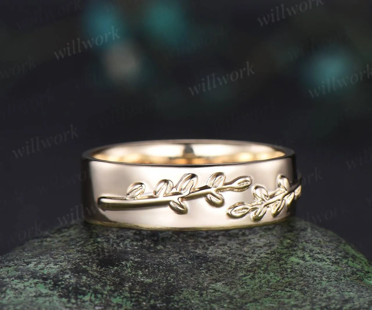 Unique leaf nature inspired wedding band vintage yellow gold Solitaire mens engagement ring retro anniversary gift sold by Willwork Jewelry product image thumbnail 4