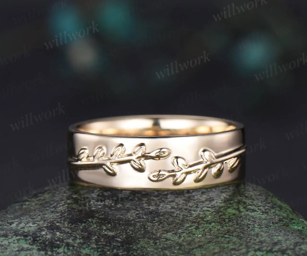 Unique leaf nature inspired wedding band vintage yellow gold Solitaire mens engagement ring retro anniversary gift sold by Willwork Jewelry