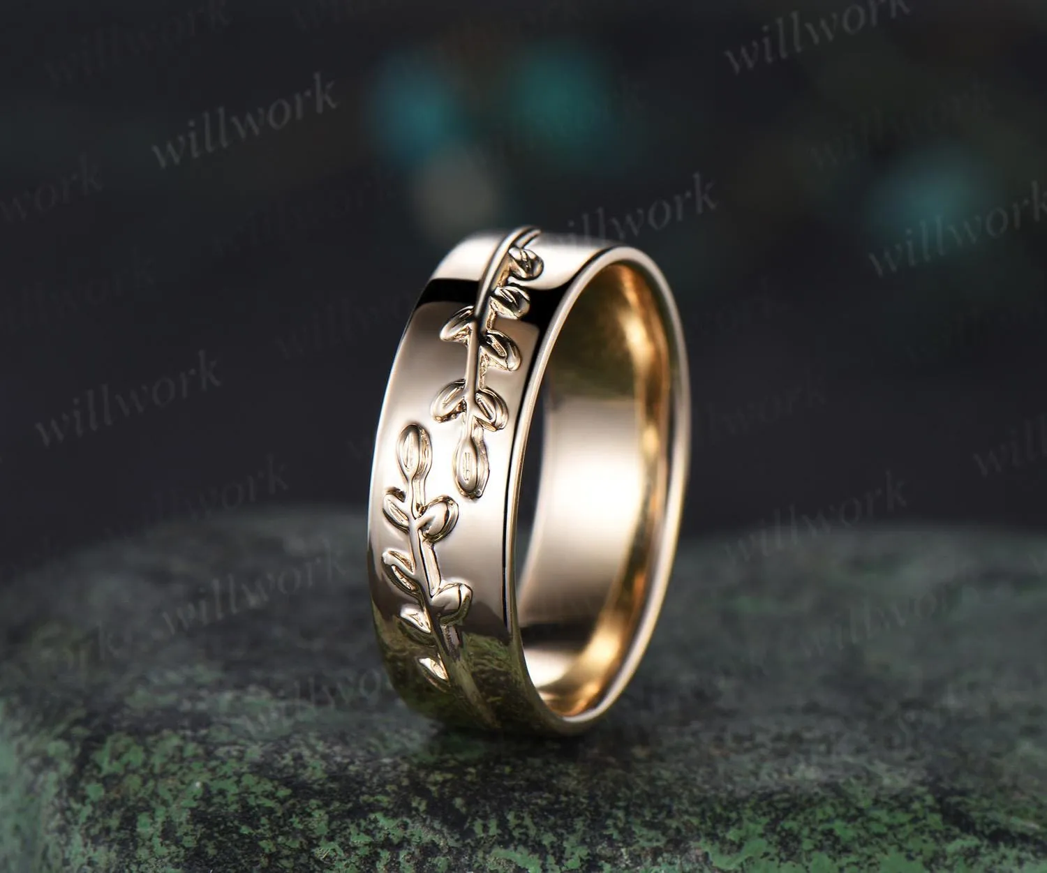 Unique leaf nature inspired wedding band vintage yellow gold Solitaire mens engagement ring retro anniversary gift sold by Willwork Jewelry product image thumbnail 2