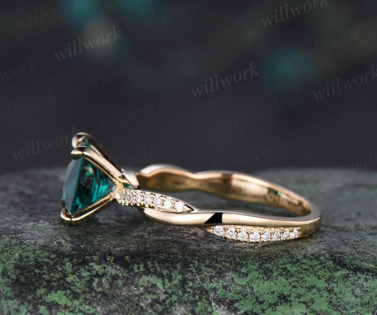 Princess cut green emerald engagement ring 14k yellow gold 3/4 eternity twisted diamond ring vintage promise ring women jewelry sold by Willwork Jewelry product image thumbnail 3