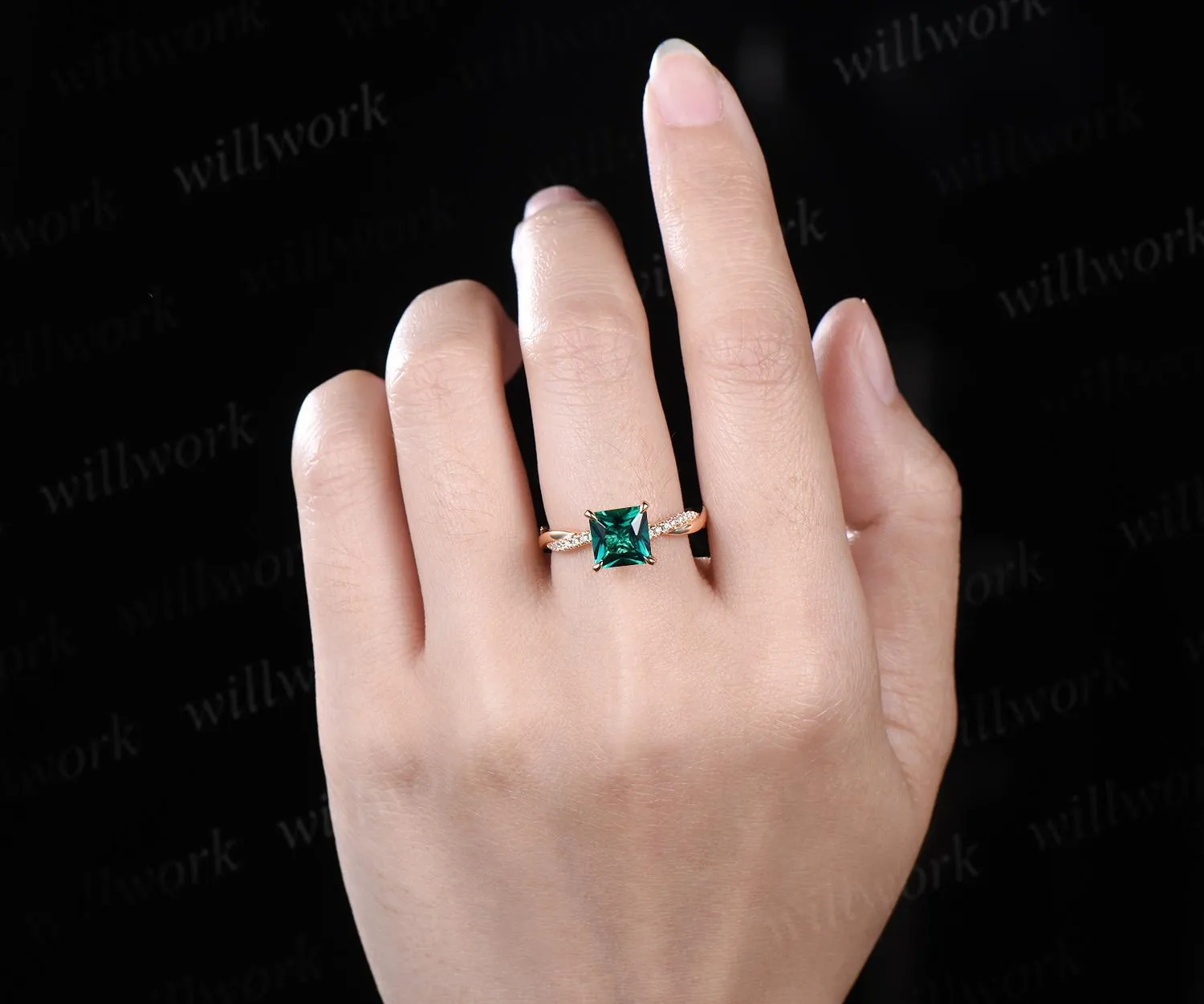 Princess cut green emerald engagement ring 14k yellow gold 3/4 eternity twisted diamond ring vintage promise ring women jewelry sold by Willwork Jewelry product image thumbnail 4