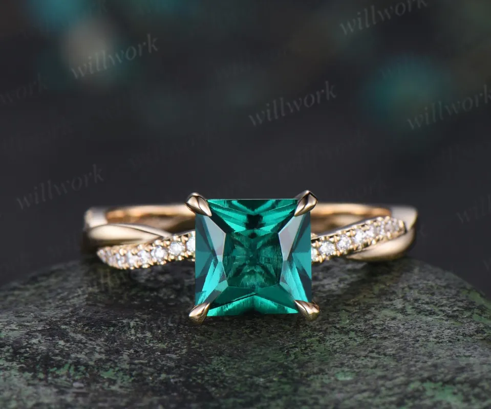 Princess cut green emerald engagement ring 14k yellow gold 3/4 eternity twisted diamond ring vintage promise ring women jewelry sold by Willwork Jewelry