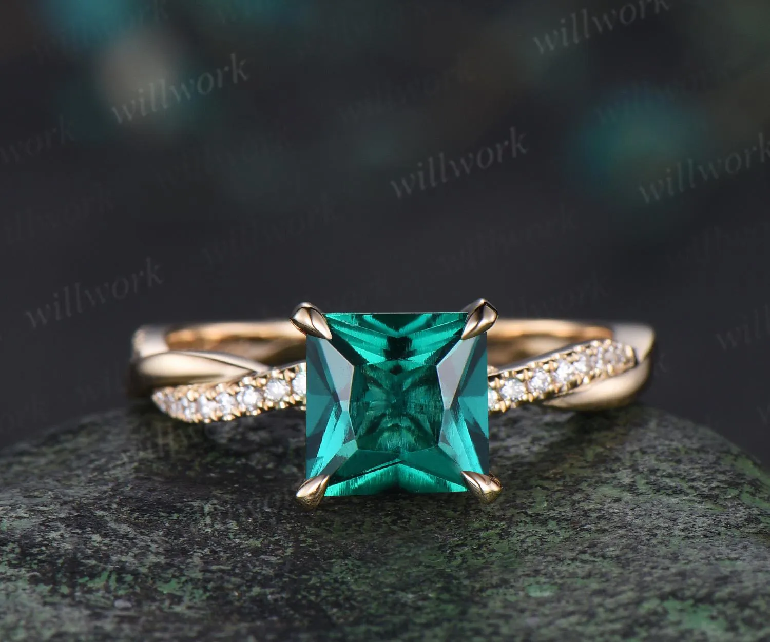 Princess cut green emerald engagement ring 14k yellow gold 3/4 eternity twisted diamond ring vintage promise ring women jewelry sold by Willwork Jewelry