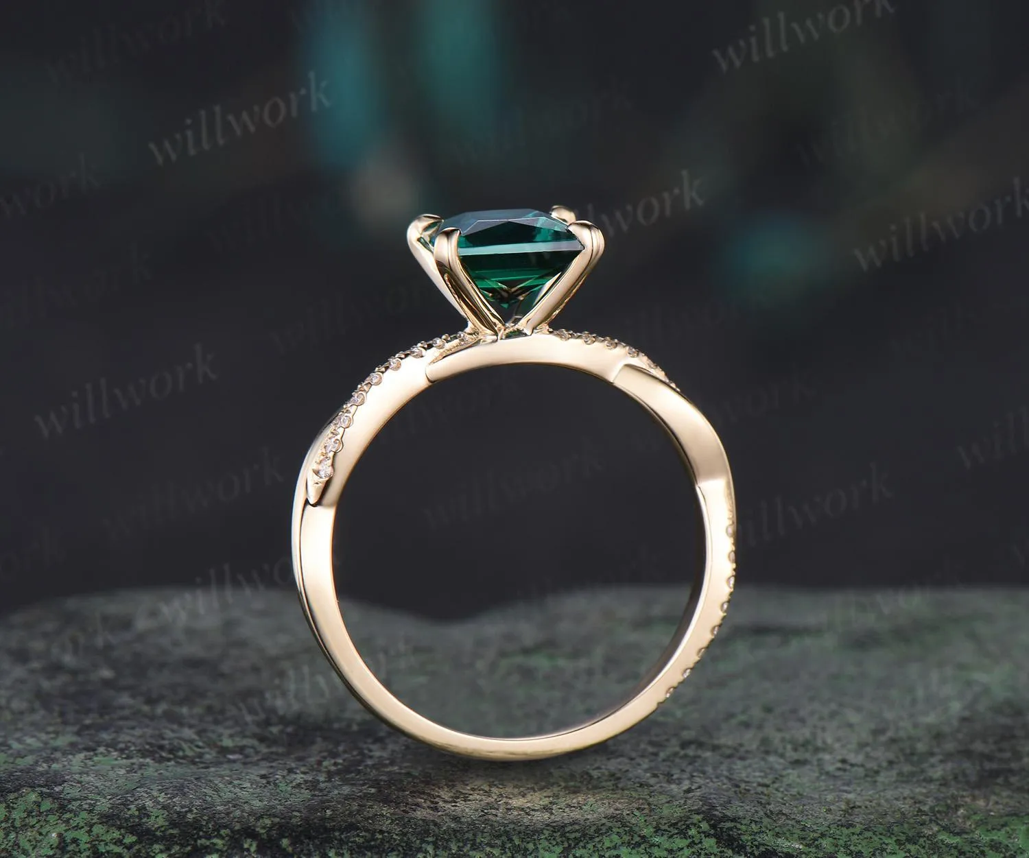 Princess cut green emerald engagement ring 14k yellow gold 3/4 eternity twisted diamond ring vintage promise ring women jewelry sold by Willwork Jewelry product image thumbnail 5