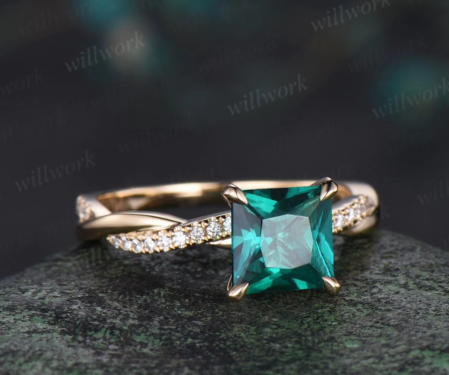 Princess cut green emerald engagement ring 14k yellow gold 3/4 eternity twisted diamond ring vintage promise ring women jewelry sold by Willwork Jewelry product image thumbnail 2
