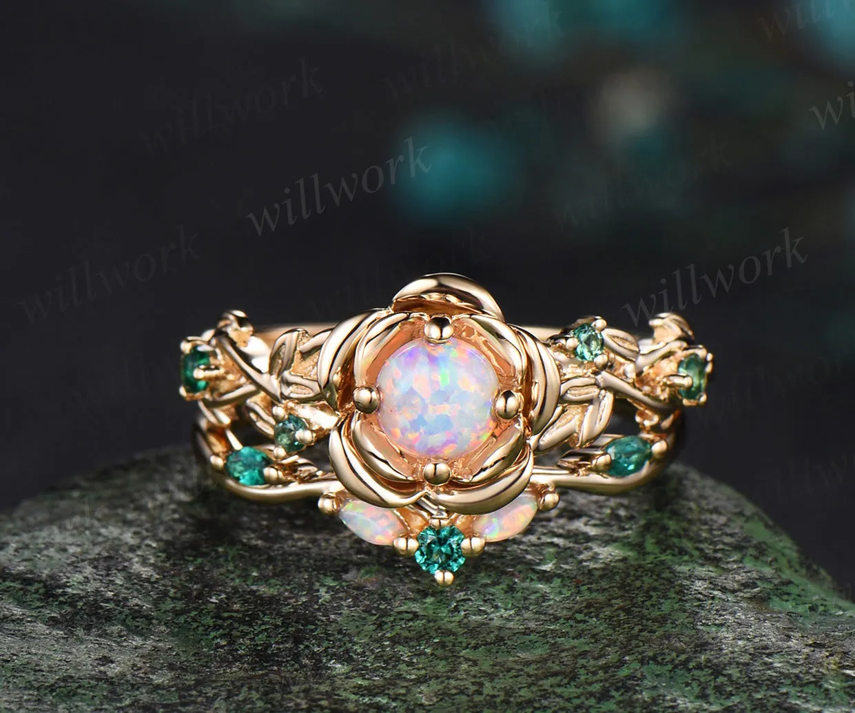 Vintage round cut opal engagement ring set yellow gold flower floral leaf twisted five stone ring curved emerald band bridal set sold by Willwork Jewelry