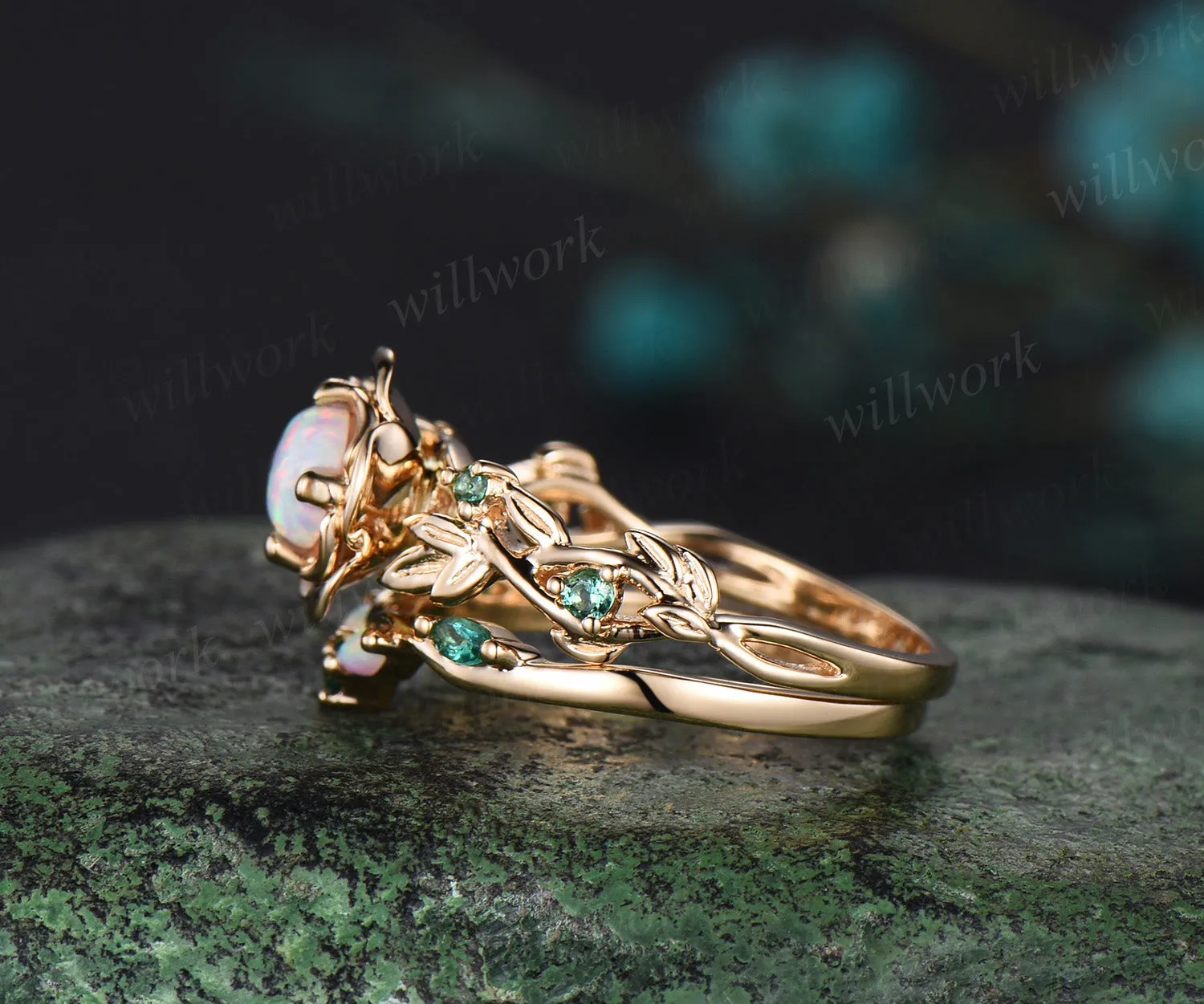 Vintage round cut opal engagement ring set yellow gold flower floral leaf twisted five stone ring curved emerald band bridal set sold by Willwork Jewelry product image thumbnail 5