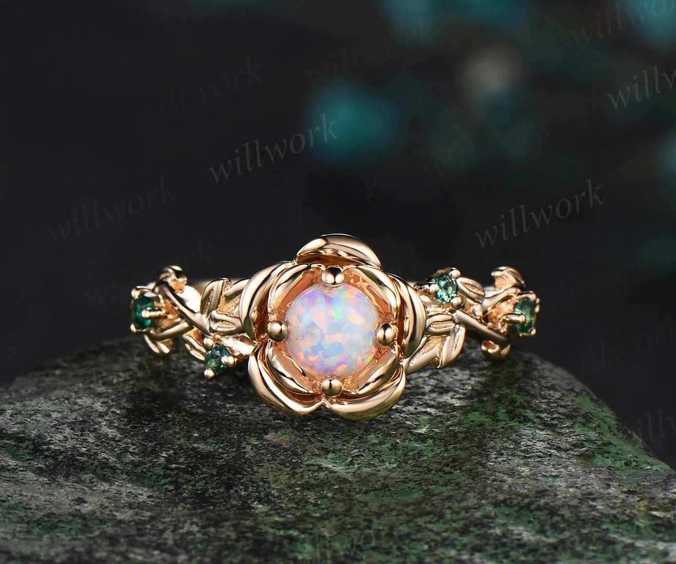 Vintage round cut opal engagement ring set yellow gold flower floral leaf twisted five stone ring curved emerald band bridal set sold by Willwork Jewelry product image thumbnail 3