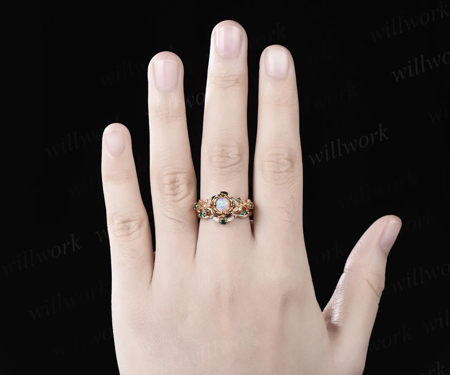 Vintage round cut opal engagement ring set yellow gold flower floral leaf twisted five stone ring curved emerald band bridal set sold by Willwork Jewelry product image thumbnail 2