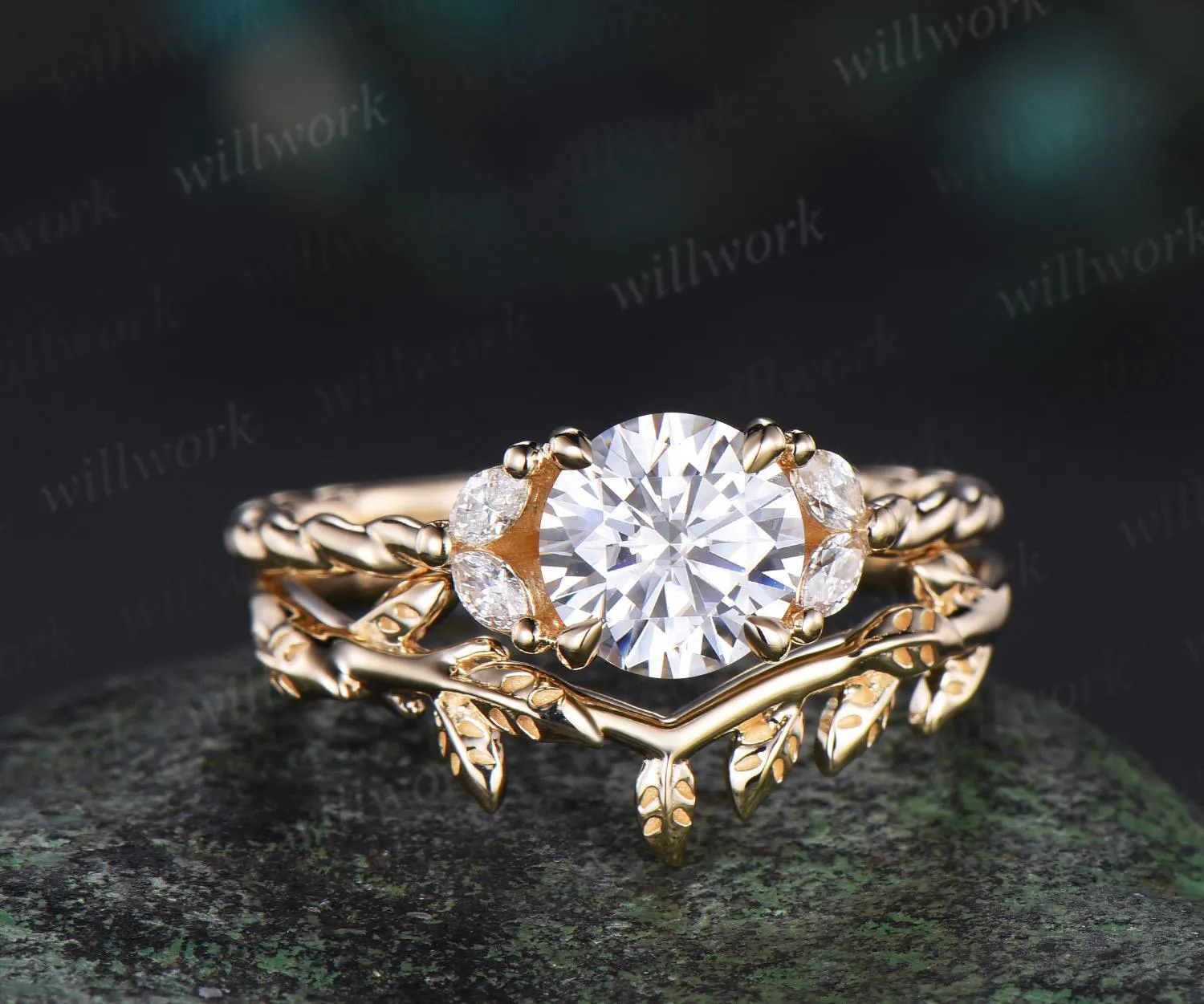 1ct Round cut moissanite engagement ring set 14k yellow gold stacking diamond leaf wedding ring band women unique promise ring gift sold by Willwork Jewelry product image thumbnail 4