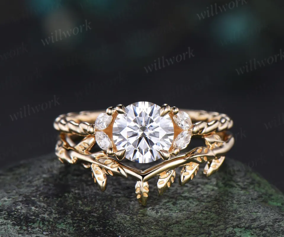 1ct Round cut moissanite engagement ring set 14k yellow gold stacking diamond leaf wedding ring band women unique promise ring gift sold by Willwork Jewelry