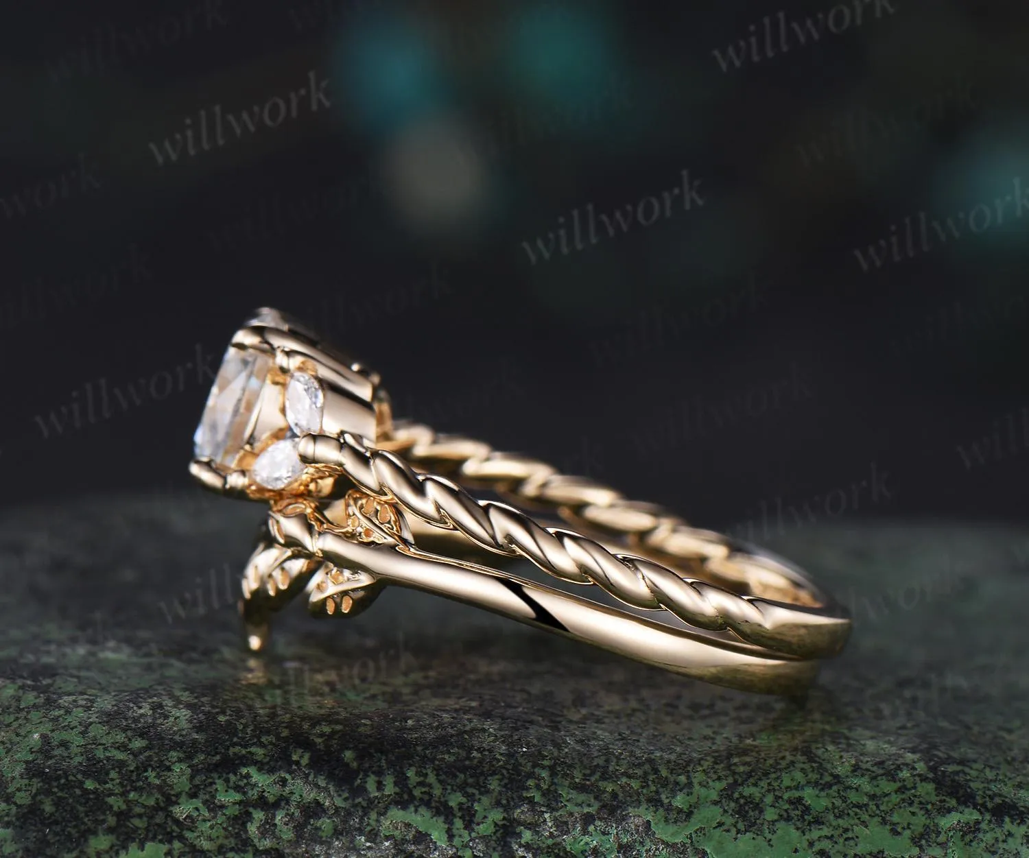 1ct Round cut moissanite engagement ring set 14k yellow gold stacking diamond leaf wedding ring band women unique promise ring gift sold by Willwork Jewelry product image thumbnail 5