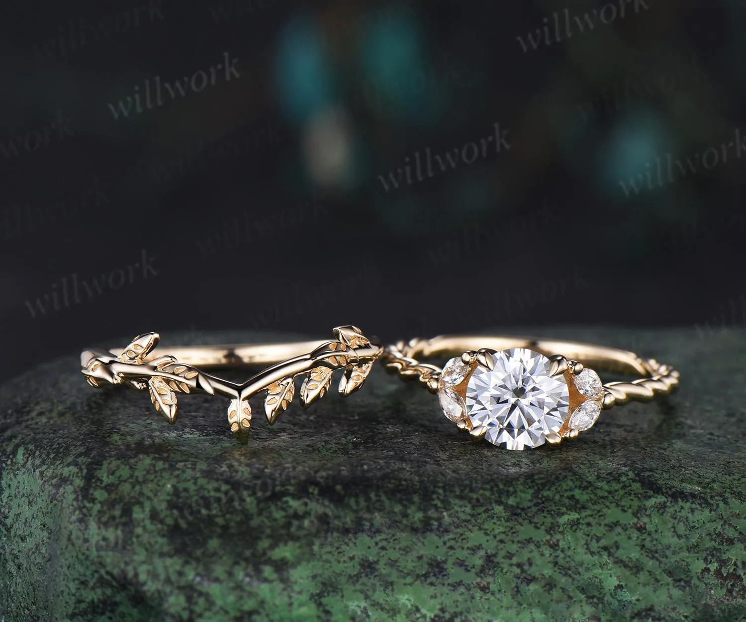 1ct Round cut moissanite engagement ring set 14k yellow gold stacking diamond leaf wedding ring band women unique promise ring gift sold by Willwork Jewelry product image thumbnail 2