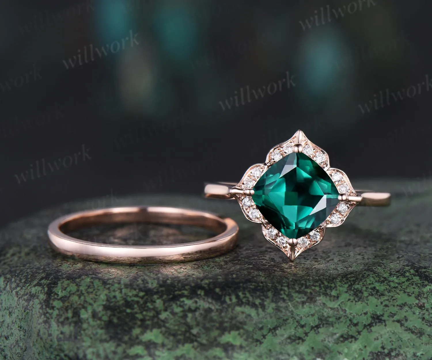 Floral cushion cut green emerald engagement ring set antique halo moissanite bridal set unique promise ring women 14k rose gold sold by Willwork Jewelry product image thumbnail 2