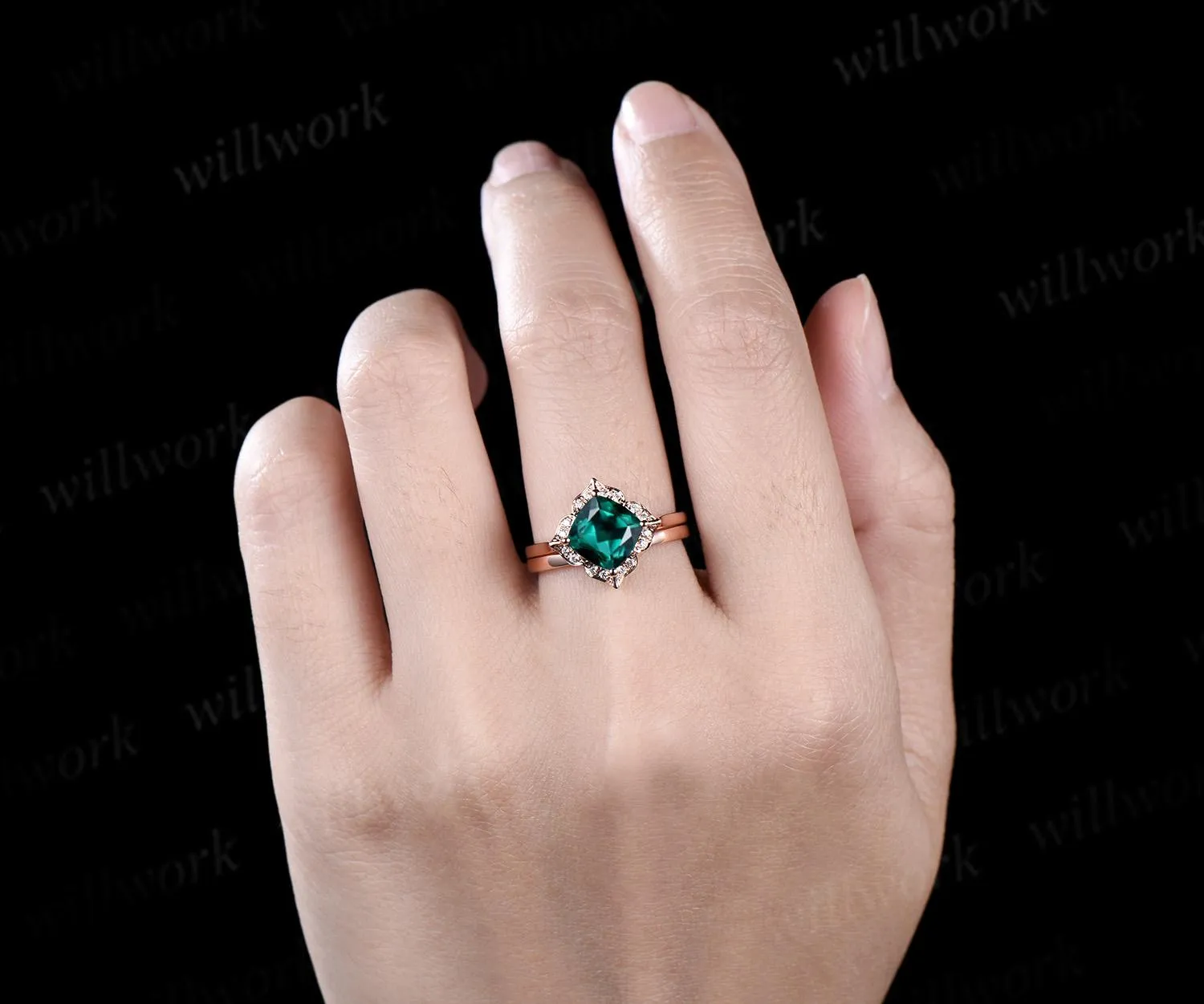 Floral cushion cut green emerald engagement ring set antique halo moissanite bridal set unique promise ring women 14k rose gold sold by Willwork Jewelry product image thumbnail 3