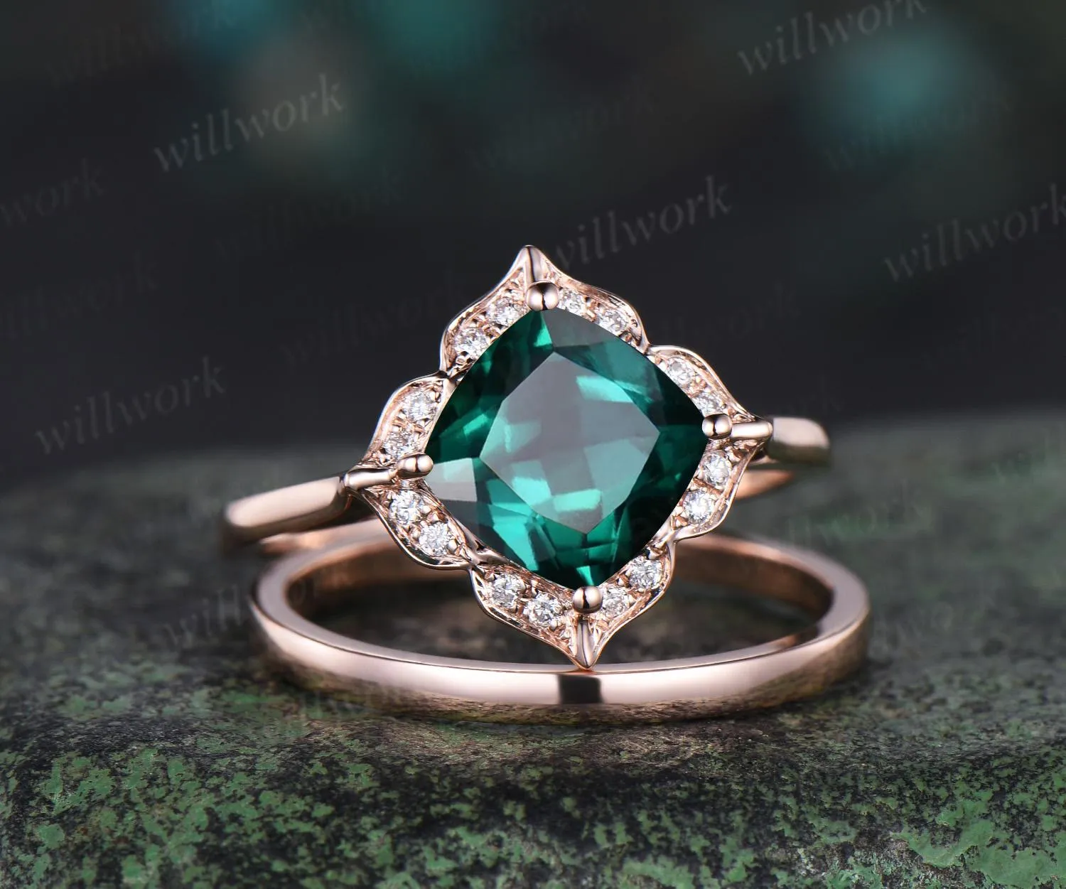 Floral cushion cut green emerald engagement ring set antique halo moissanite bridal set unique promise ring women 14k rose gold sold by Willwork Jewelry product image thumbnail 4