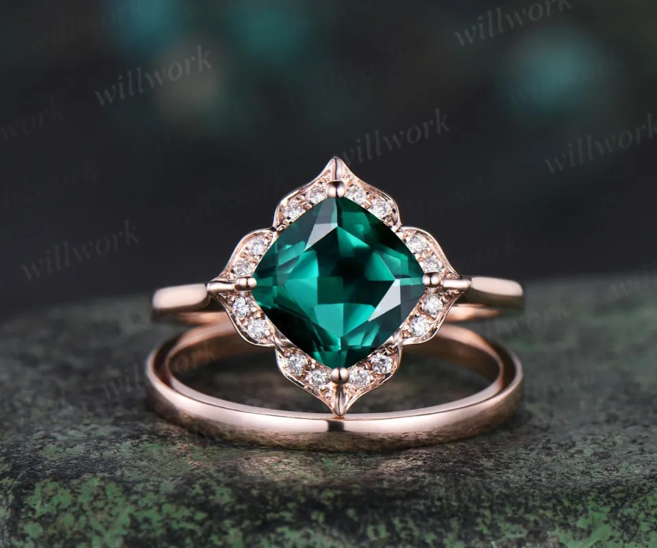 Floral cushion cut green emerald engagement ring set antique halo moissanite bridal set unique promise ring women 14k rose gold sold by Willwork Jewelry