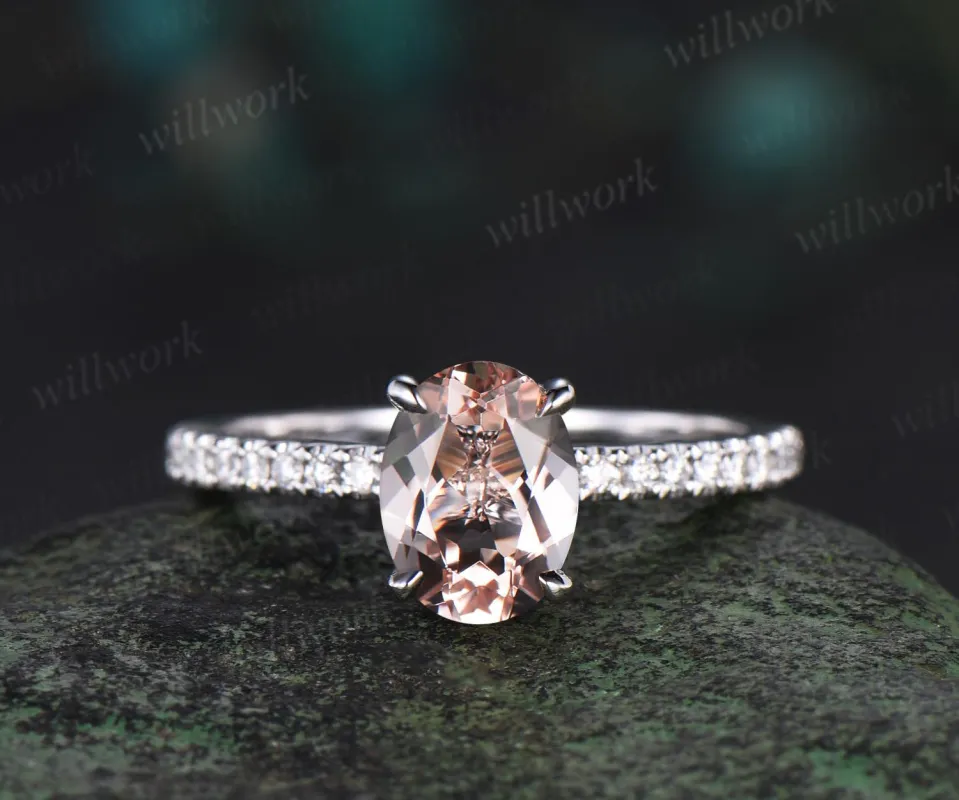 Oval cut morganite engagement ring white gold dainty half eternity diamond promise ring her sold by Willwork Jewelry