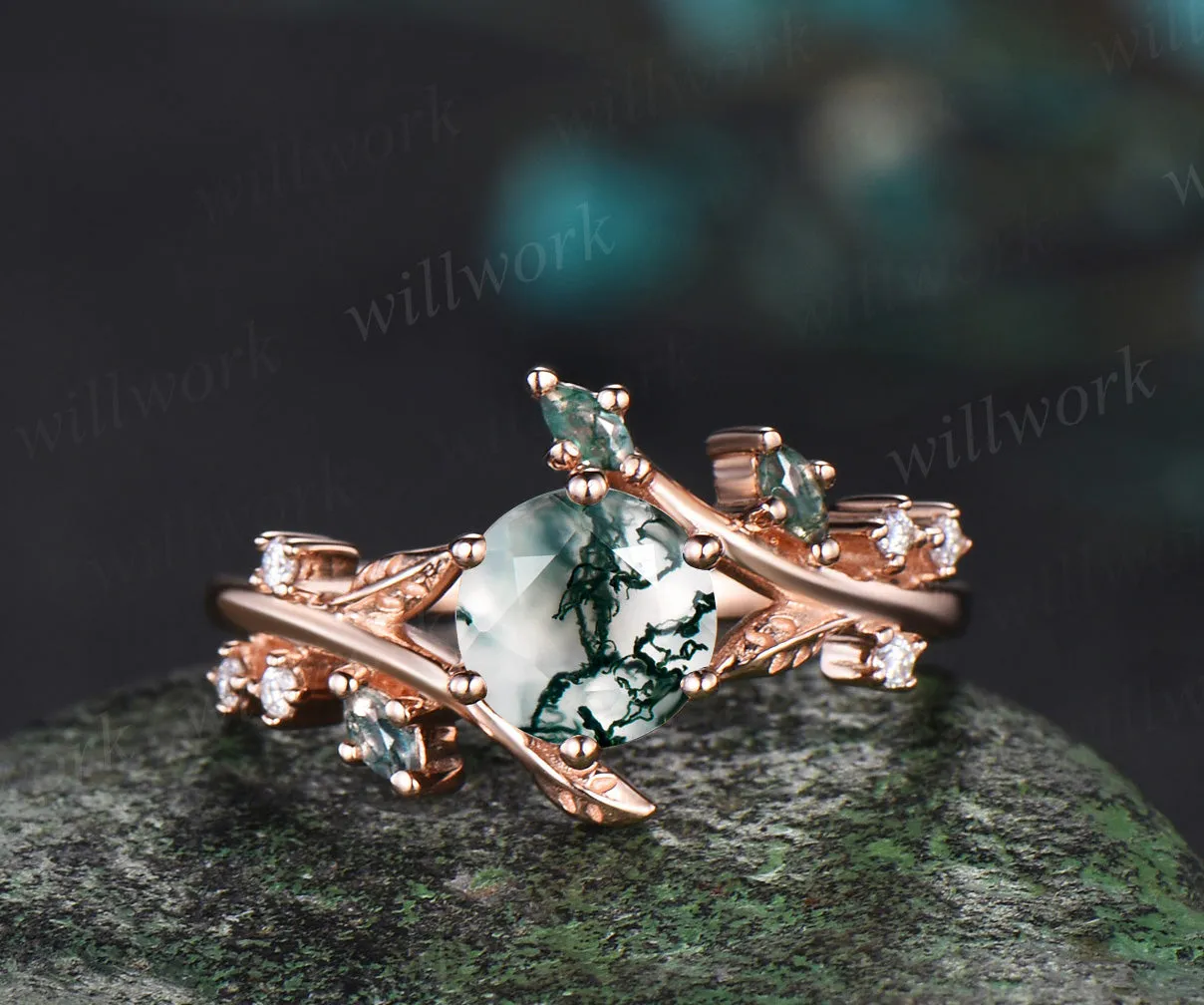 Unique Leaf Vine Moss Agate Engagement Ring Nature Inspired Twig Branch Wedding Ring 14k Rose Gold Moissanite Promise Ring Gifts sold by Willwork Jewelry